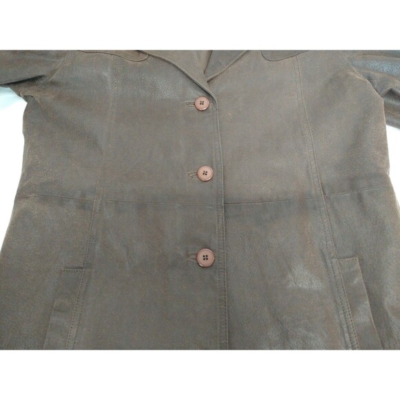 Comint Leather Button Up Jacket Coat Size L Chocolate Brown Pockets Classic - Picture 10 of 15